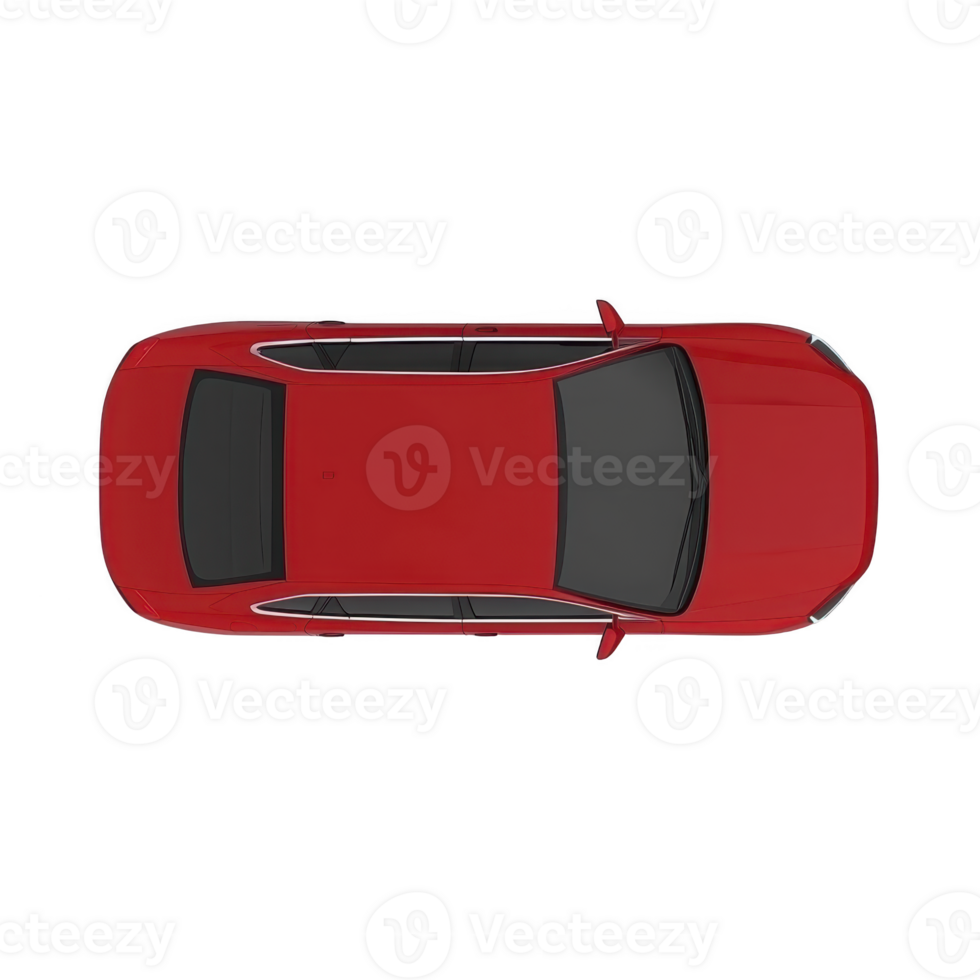 Aerial view of sleek red car with tinted windows and modern design, showcasing its streamlined shape and vibrant color. car roof and side mirrors are visible, emphasizing its stylish appearance png