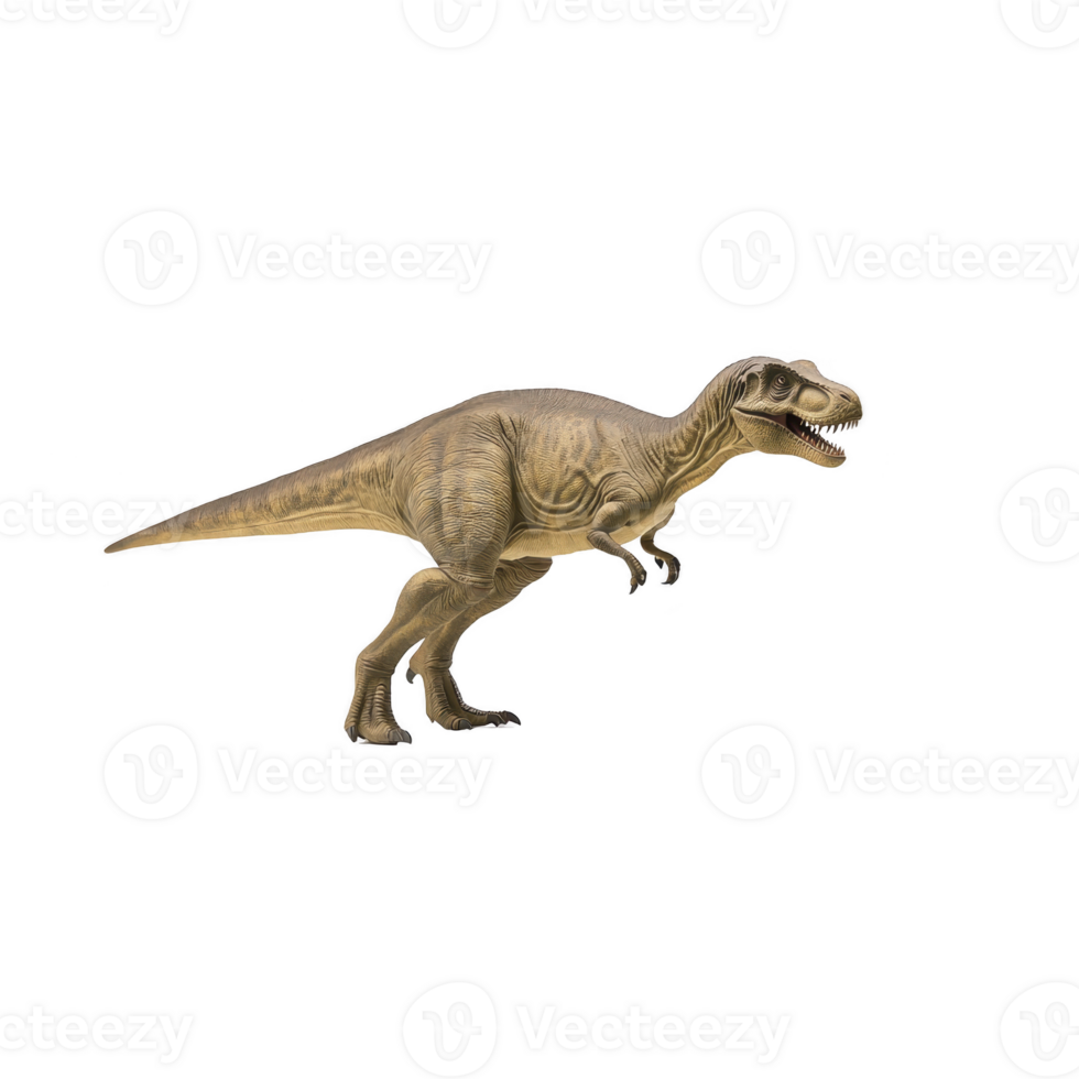 realistic depiction of Tyrannosaurus rex, showcasing its powerful build and sharp teeth, set against plain background. dinosaur textured skin and dynamic pose convey sense of movement and strength png
