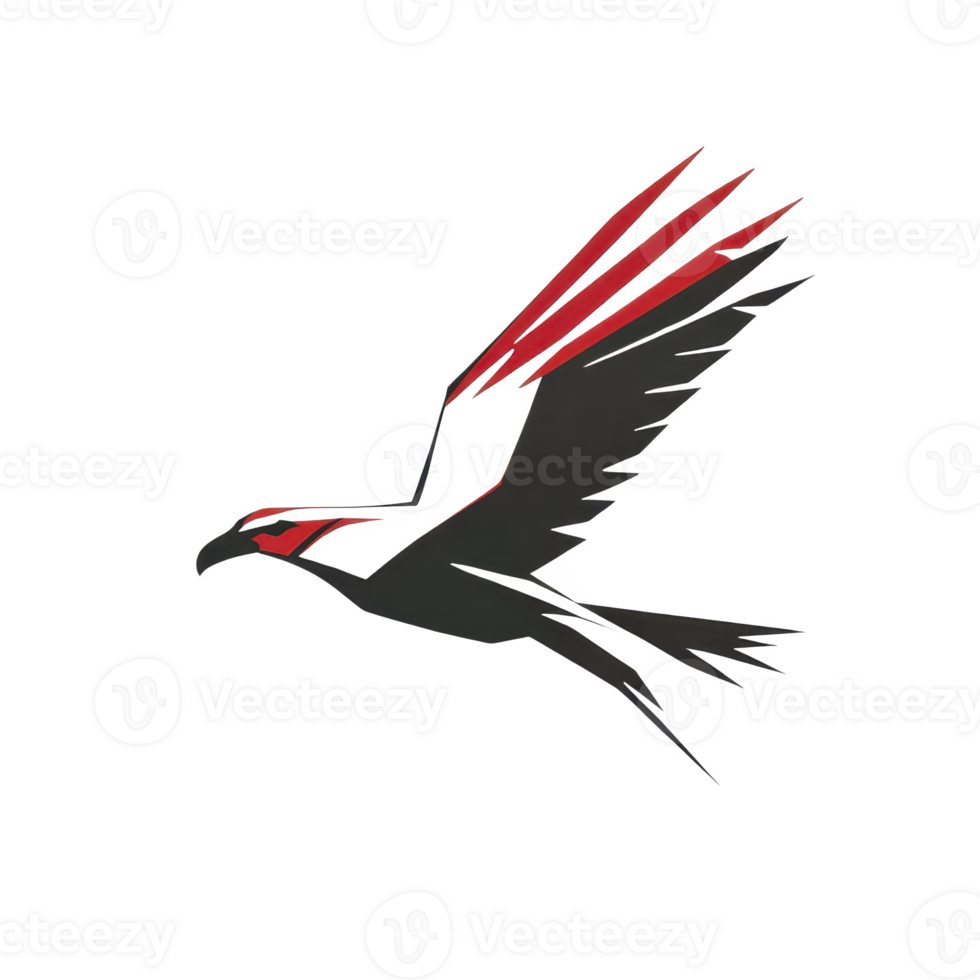 stylized bird with red and black wings is depicted in dynamic flying pose, showcasing sleek and modern design. illustration captures essence of freedom and movement png