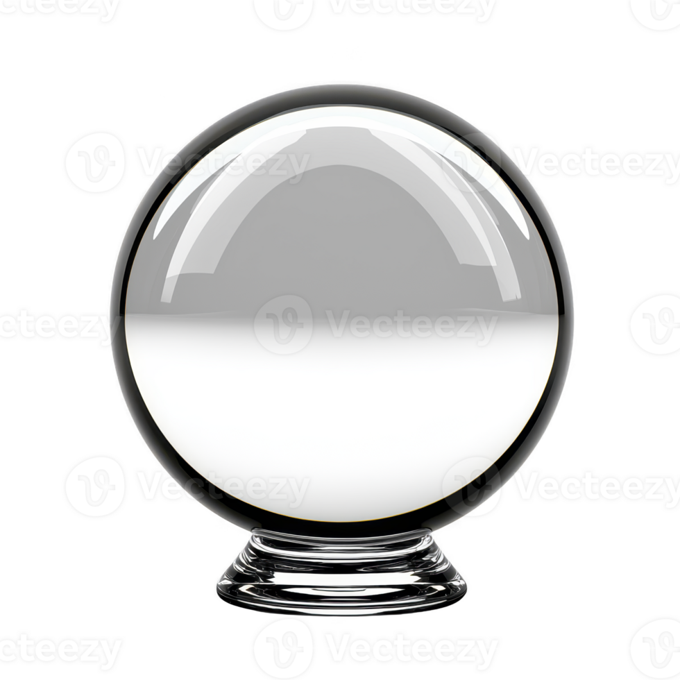clear glass crystal ball with reflective surface sits on small stand, often used for fortune telling or decoration. sphere transparency and smooth texture create elegant appearance png