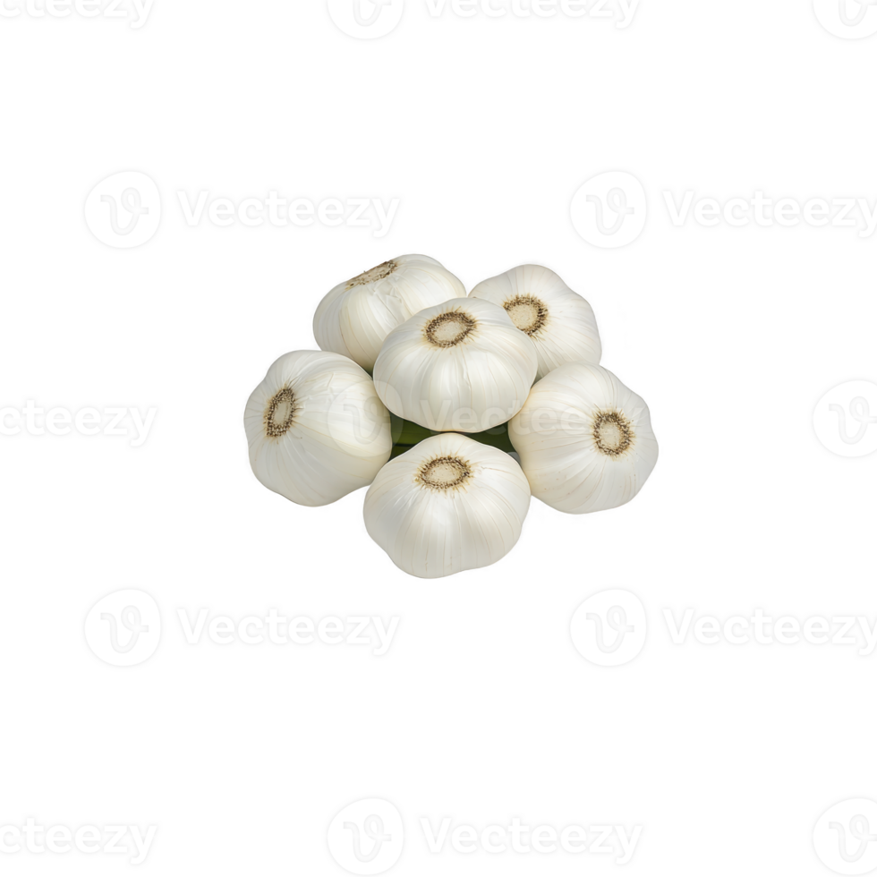 cluster of fresh garlic bulbs with white papery skin is arranged in circular pattern, showcasing their natural texture and earthy aroma png