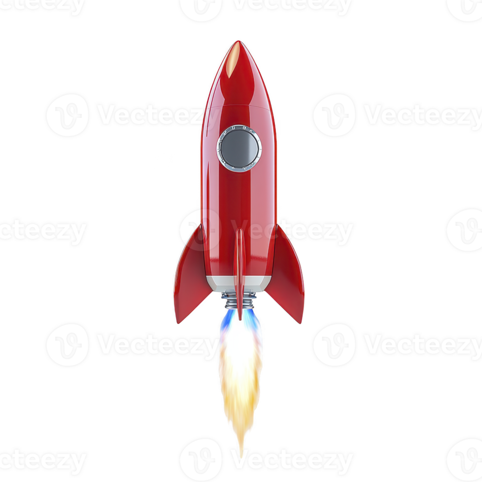 red rocket ship with sleek design is launching into space, emitting bright flame from its engines. image captures excitement and adventure of space exploration png