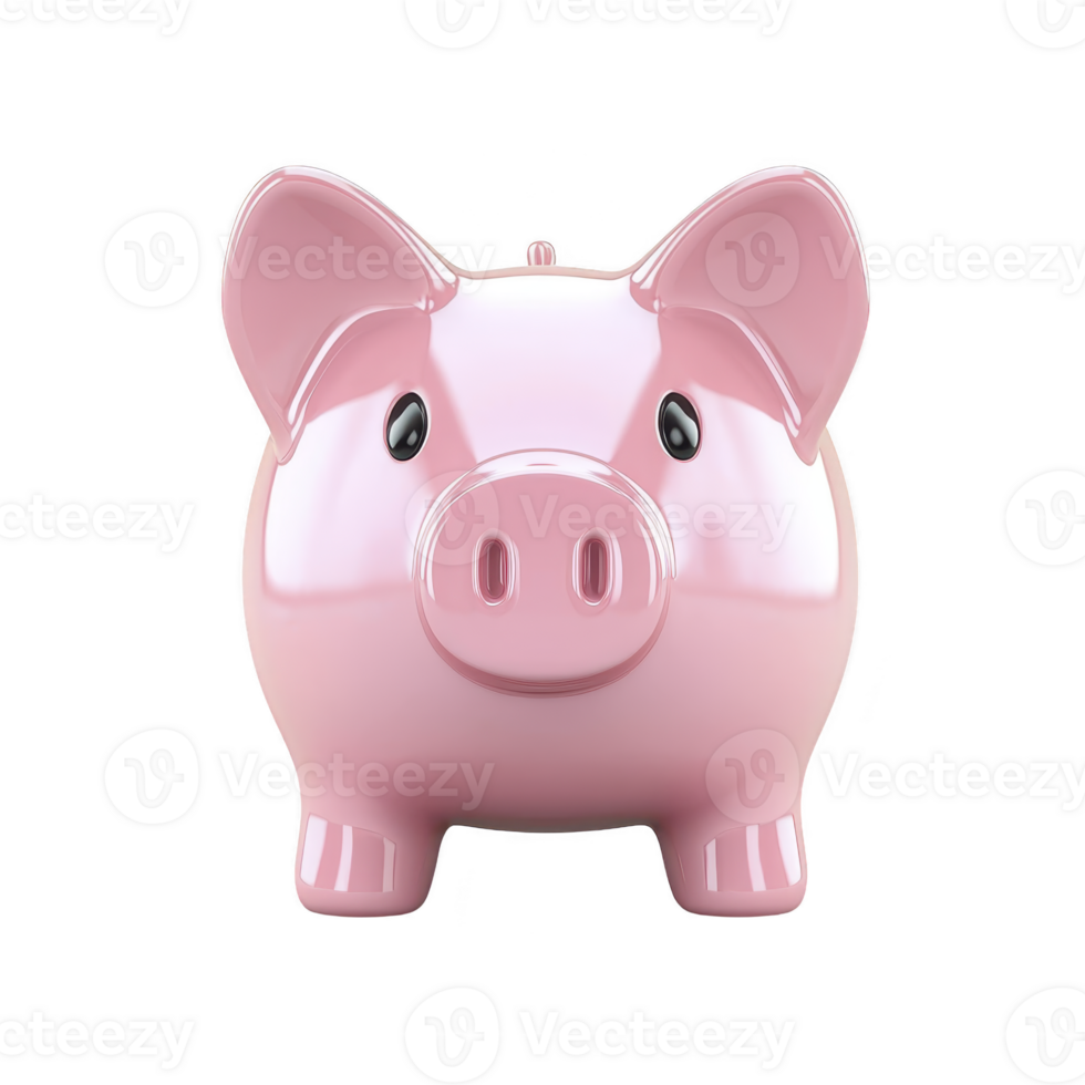 shiny pink piggy bank with cute expression stands against transparency background, symbolizing savings and financial planning. Its glossy surface reflects light, adding cheerful touch png