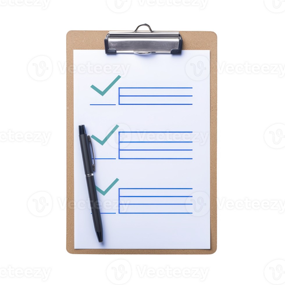clipboard with checklist and pen is shown, featuring three checkmarks and lines for notes. setup is ideal for organizing tasks or planning efficiently png