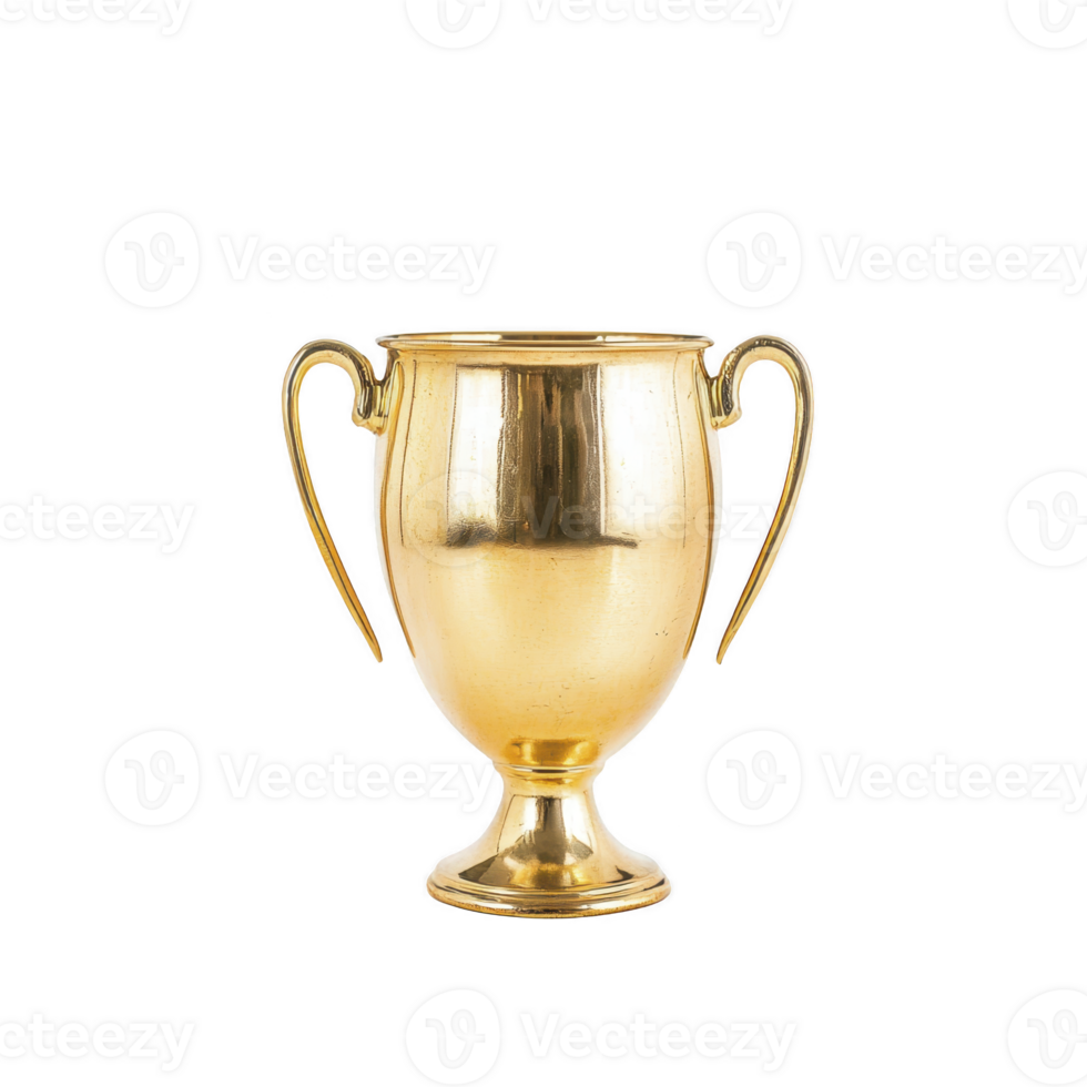 shiny gold trophy cup with elegant handles stands proudly, symbolizing achievement and success. Its polished surface reflects light, adding sense of prestige and honor png