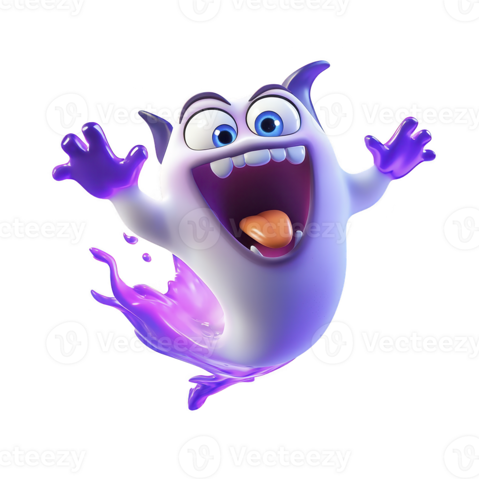 playful cartoon ghost with wide open mouth and purple accents, expressing excitement. ghost has exaggerated features and dynamic pose, adding to its lively appearance png