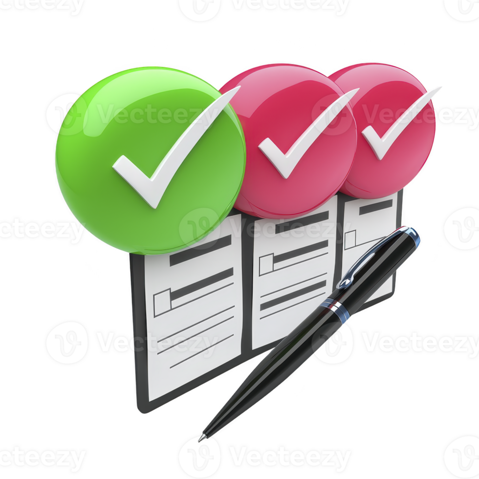 checklist with colorful checkmarks and pen symbolizes organization and completion. green and red checkmarks indicate tasks done or pending, enhancing productivity png
