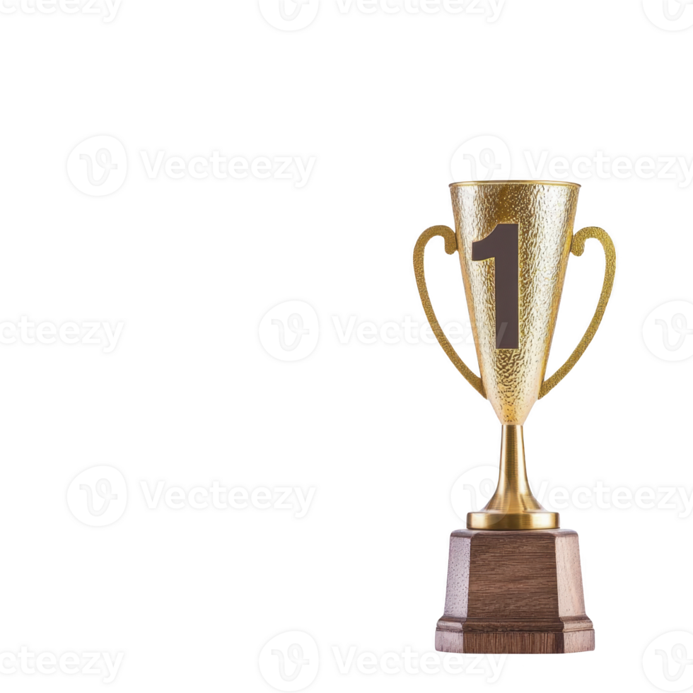 golden trophy with number one symbol on wooden base represents achievement and success. shiny surface and elegant design convey sense of victory and celebration png