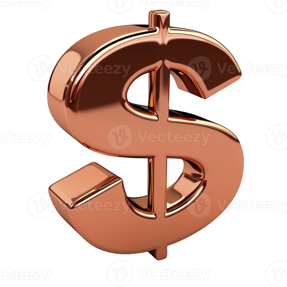 shiny, metallic dollar sign symbol in copper color, representing wealth and finance, stands out against plain background. symbol reflective surface adds sense of luxury and prosperity png