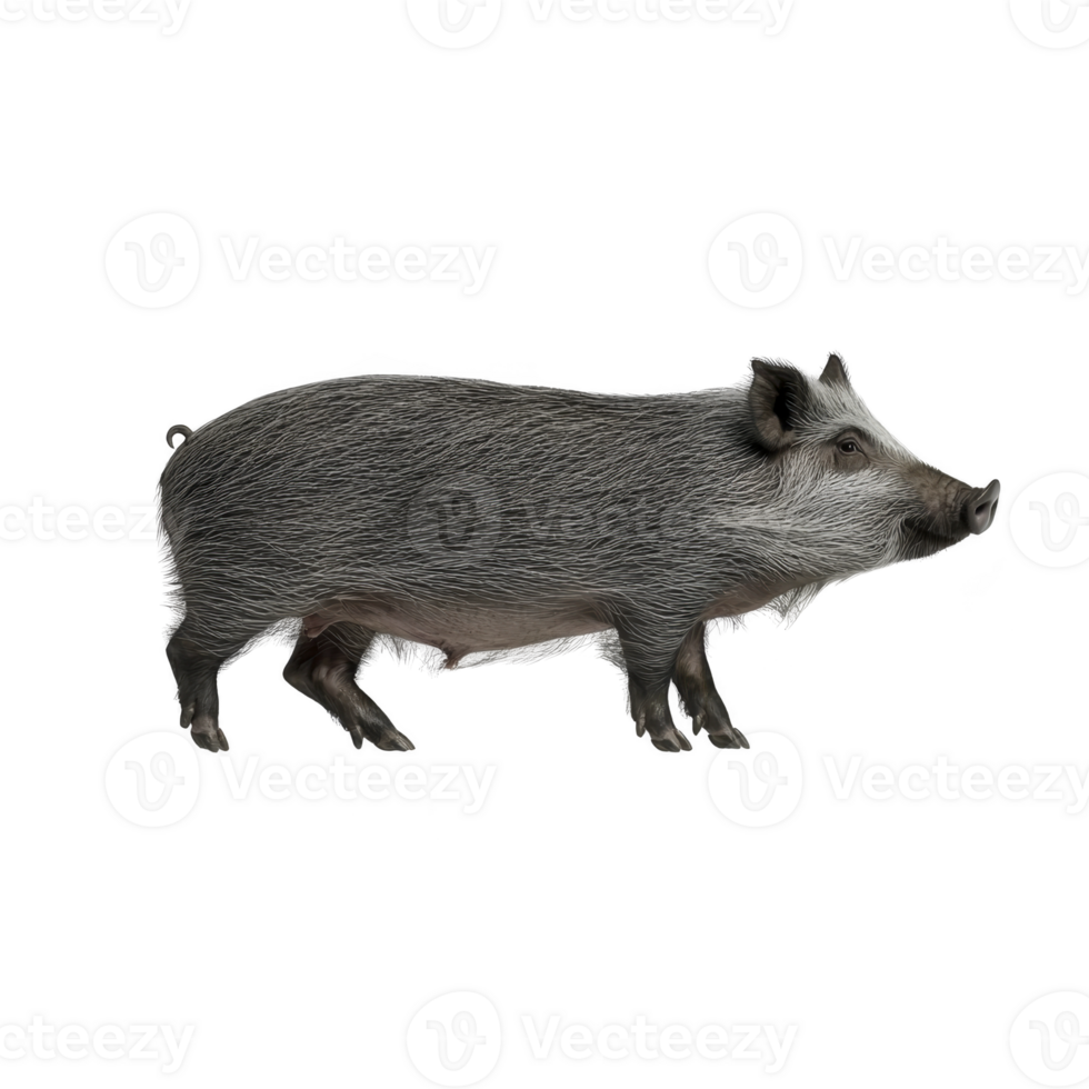 wild boar stands on transparent background, showcasing its distinctive bristly fur and tusks. animal robust body and alert posture convey sense of strength and wilderness png
