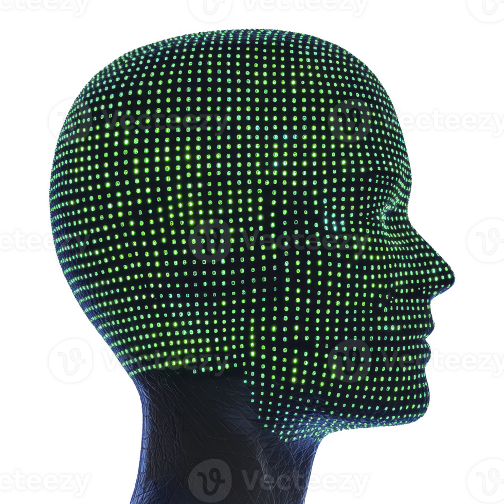 digital representation of human head is covered in grid of green dots, symbolizing technology and data analysis. futuristic design suggests concepts of artificial intelligence and virtual reality png