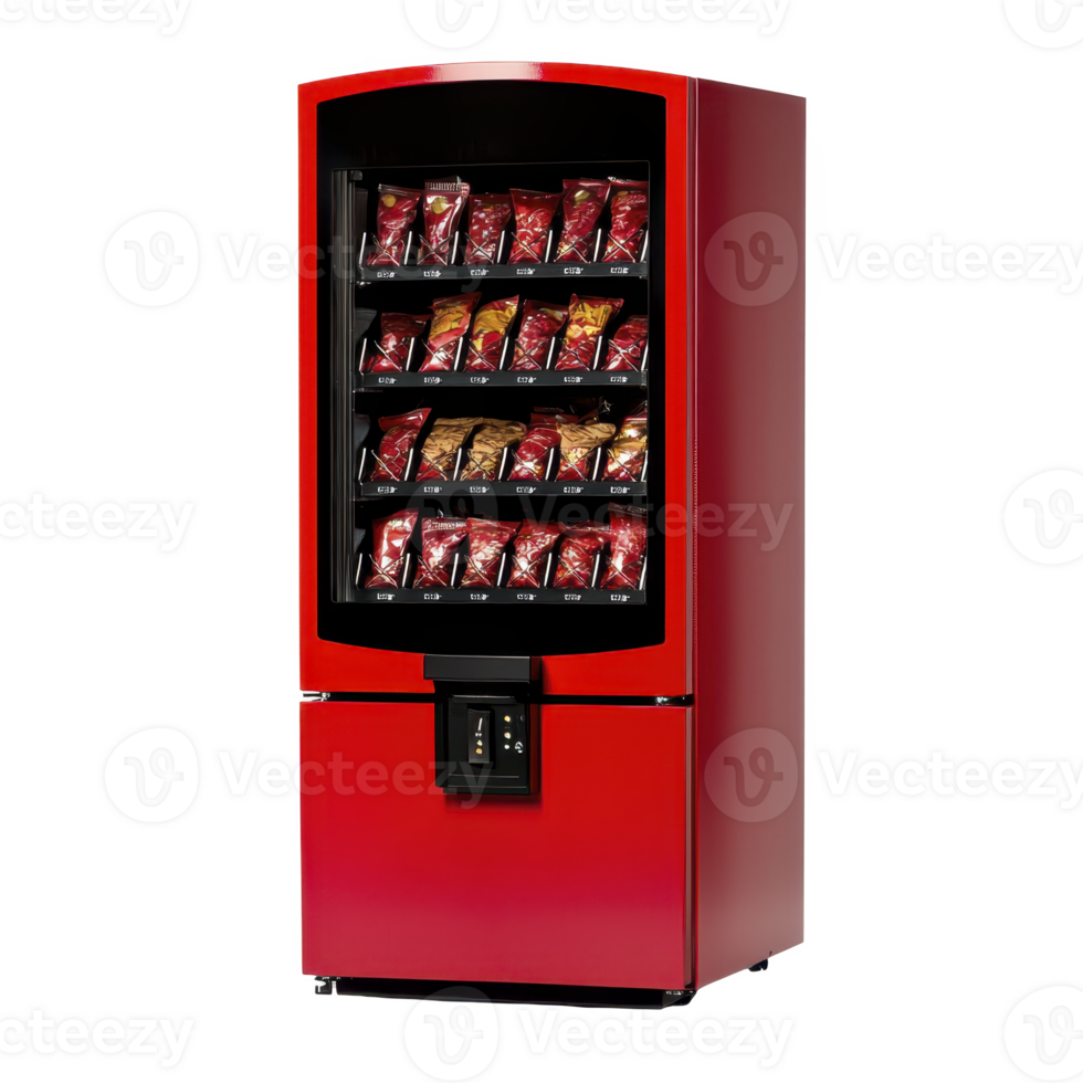 red vending machine filled with various snack bags is displayed, showcasing sleek and modern design. machine is well lit, highlighting colorful packaging of snacks inside png