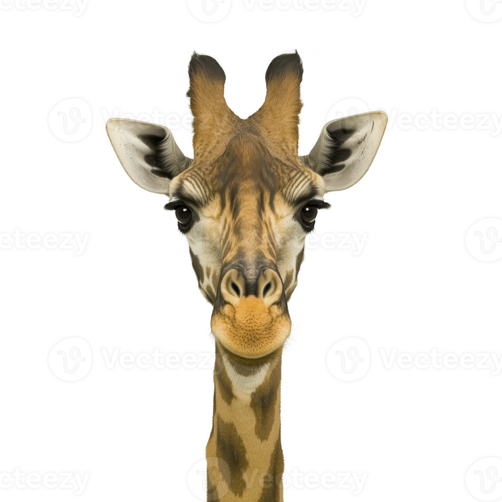close up of giraffe face with curious expression, showcasing its long neck and distinctive patterns. background is plain, highlighting giraffe unique features png