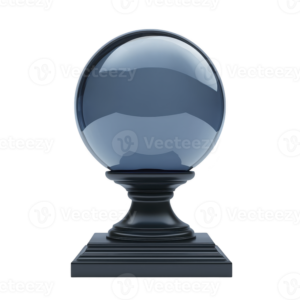 reflective crystal ball sits on ornate pedestal, casting mystical aura. smooth, transparent surface captures light, creating enchanting and mysterious atmosphere png