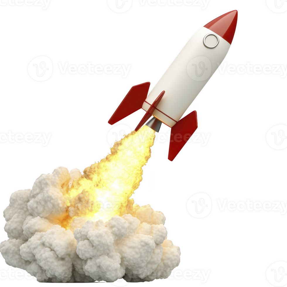 rocket launching with fiery exhaust and billowing smoke, symbolizing innovation and progress. red and white design adds dynamic and futuristic feel to scene png