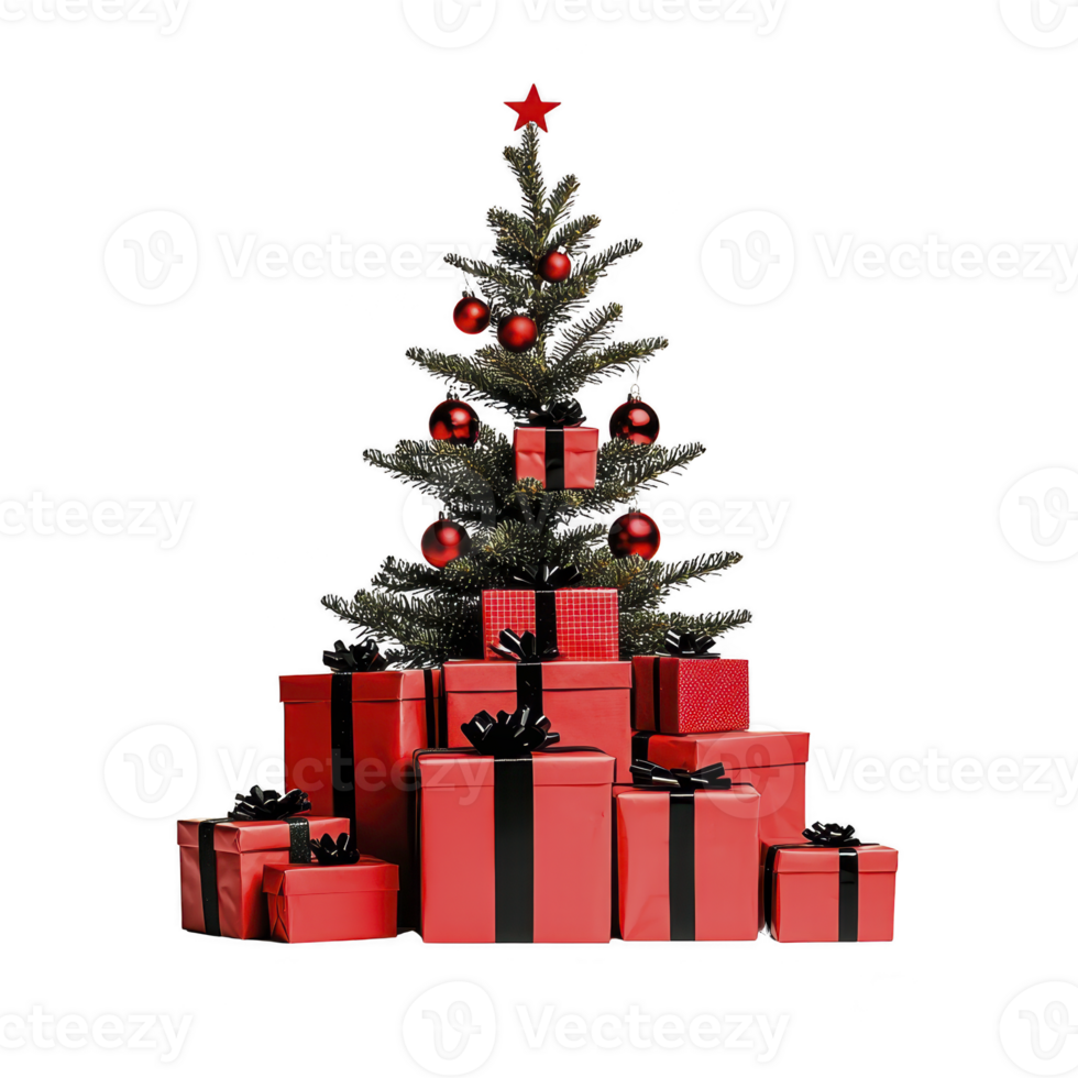 beautifully decorated Christmas tree adorned with red ornaments and star topper stands surrounded by array of red gift boxes with black ribbons, creating festive atmosphere png