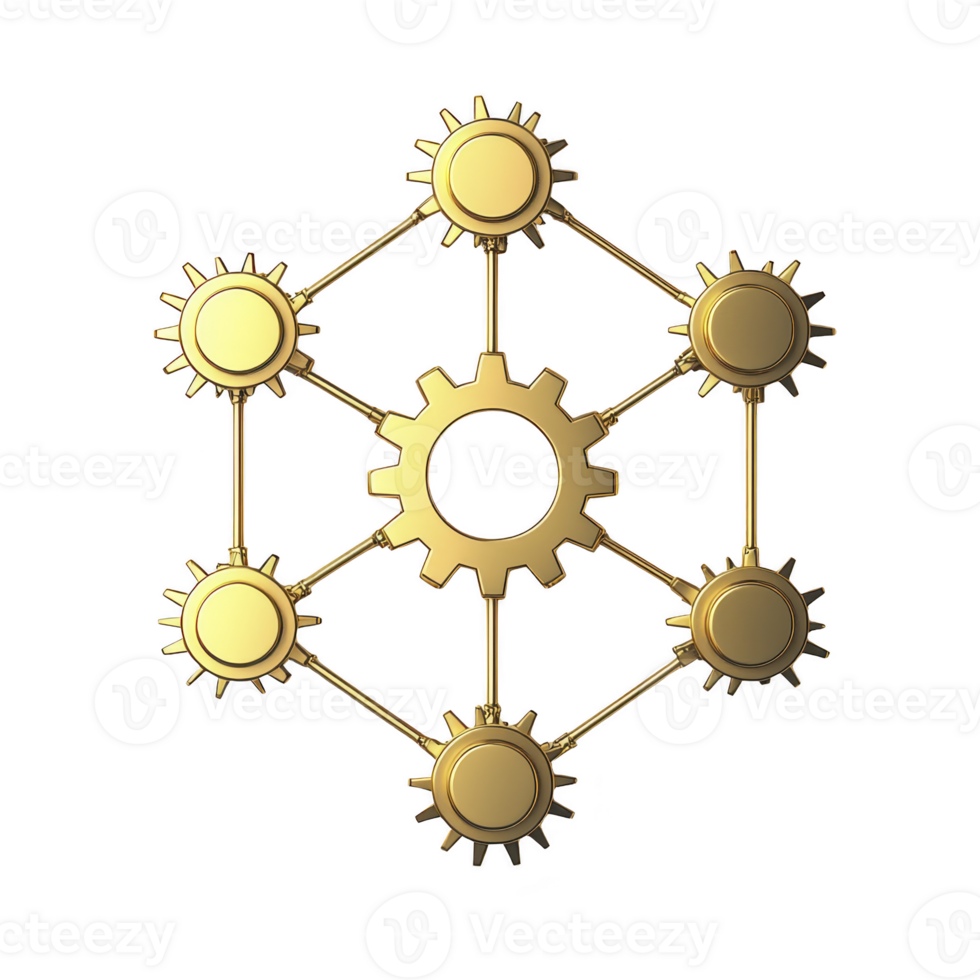 golden gear network with interconnected cogs symbolizes teamwork and collaboration. shiny metallic finish adds sense of elegance and sophistication to design png