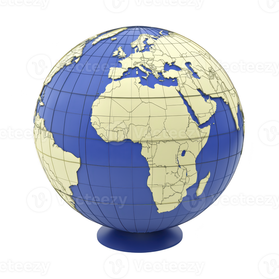 3D globe illustration showing continents and oceans, highlighting Africa, Europe, and parts of Asia. globe is blue with beige continents, emphasizing geographical features and boundaries png