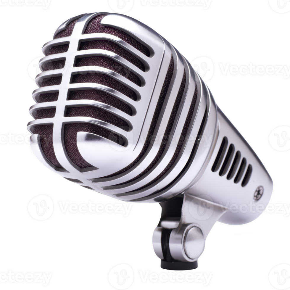 vintage style silver microphone with classic grille design, angled slightly to right, evokes sense of nostalgia and elegance, perfect for music or broadcasting themes png