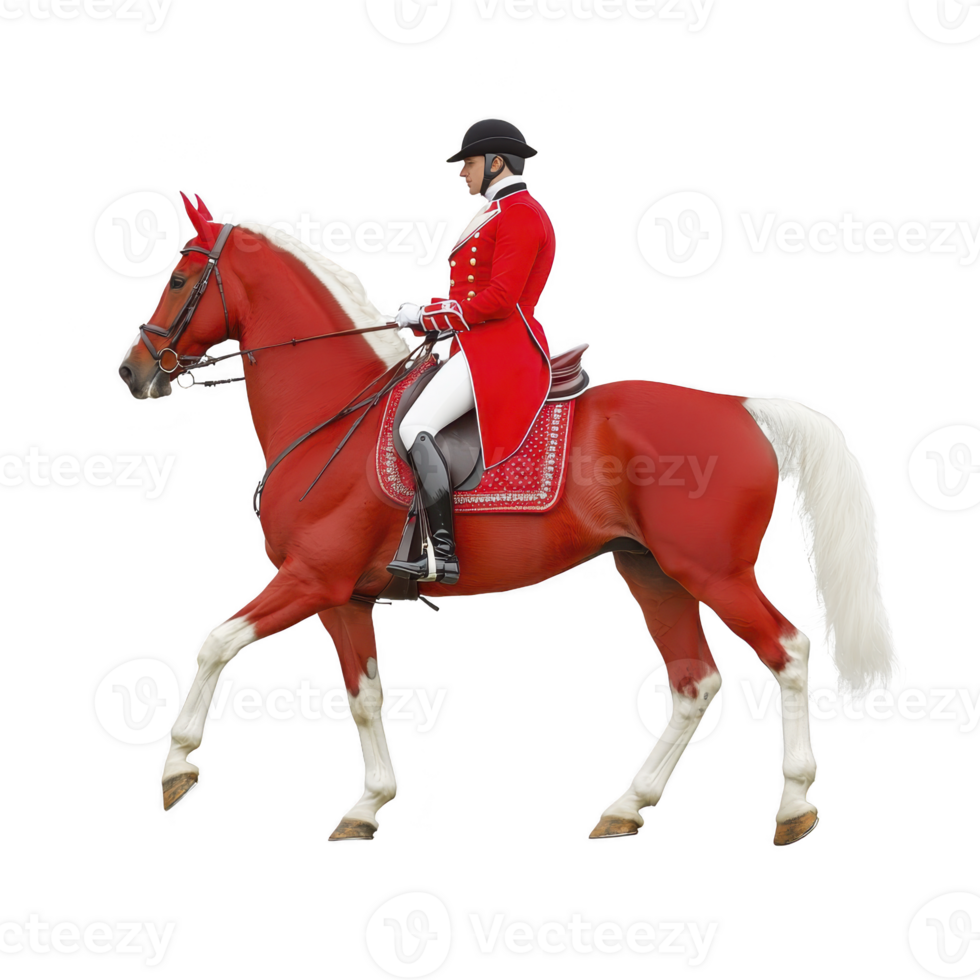 person in red riding outfit is elegantly riding brown horse with white markings. horse is adorned with matching red saddle pad and bridle, showcasing sense of style and coordination png