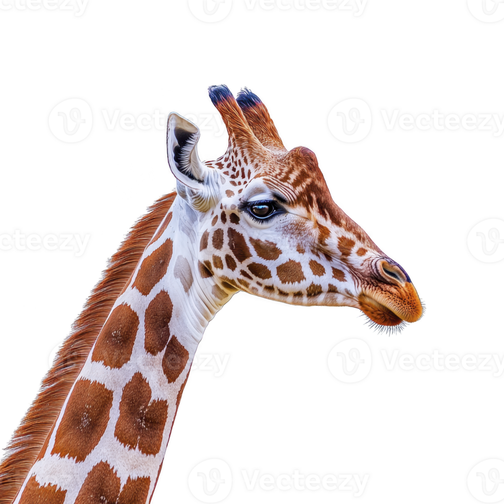 close up of giraffe head showcases its distinctive spotted pattern and long neck against plain background, highlighting its unique features and gentle expression png
