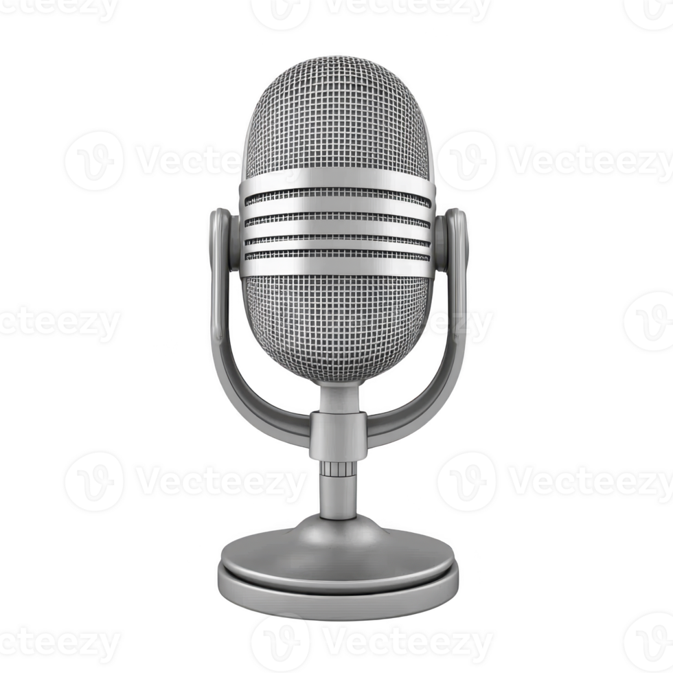 vintage style silver microphone stands on round base, evoking sense of nostalgia and classic broadcasting. metallic finish and detailed mesh design highlight its retro charm png