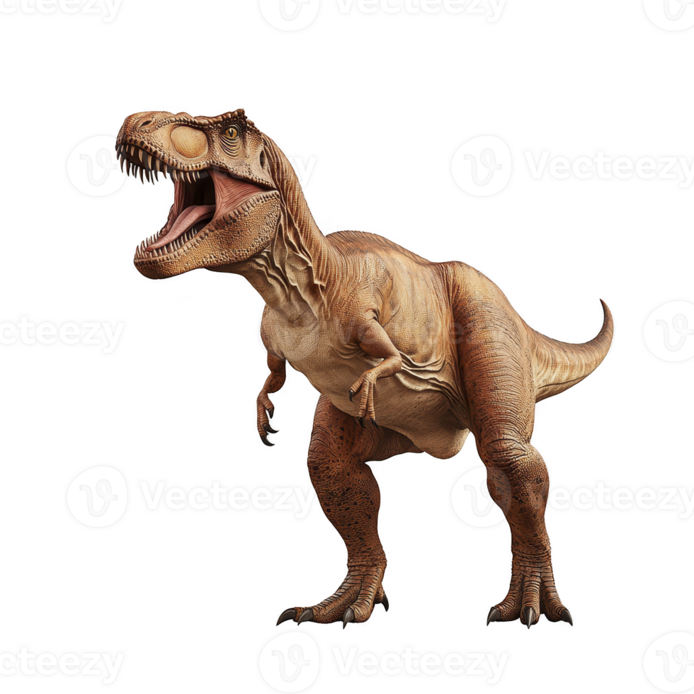 fierce Tyrannosaurus rex stands with its mouth open, showcasing sharp teeth and powerful limbs. dinosaur textured skin and muscular build highlight its predatory nature png