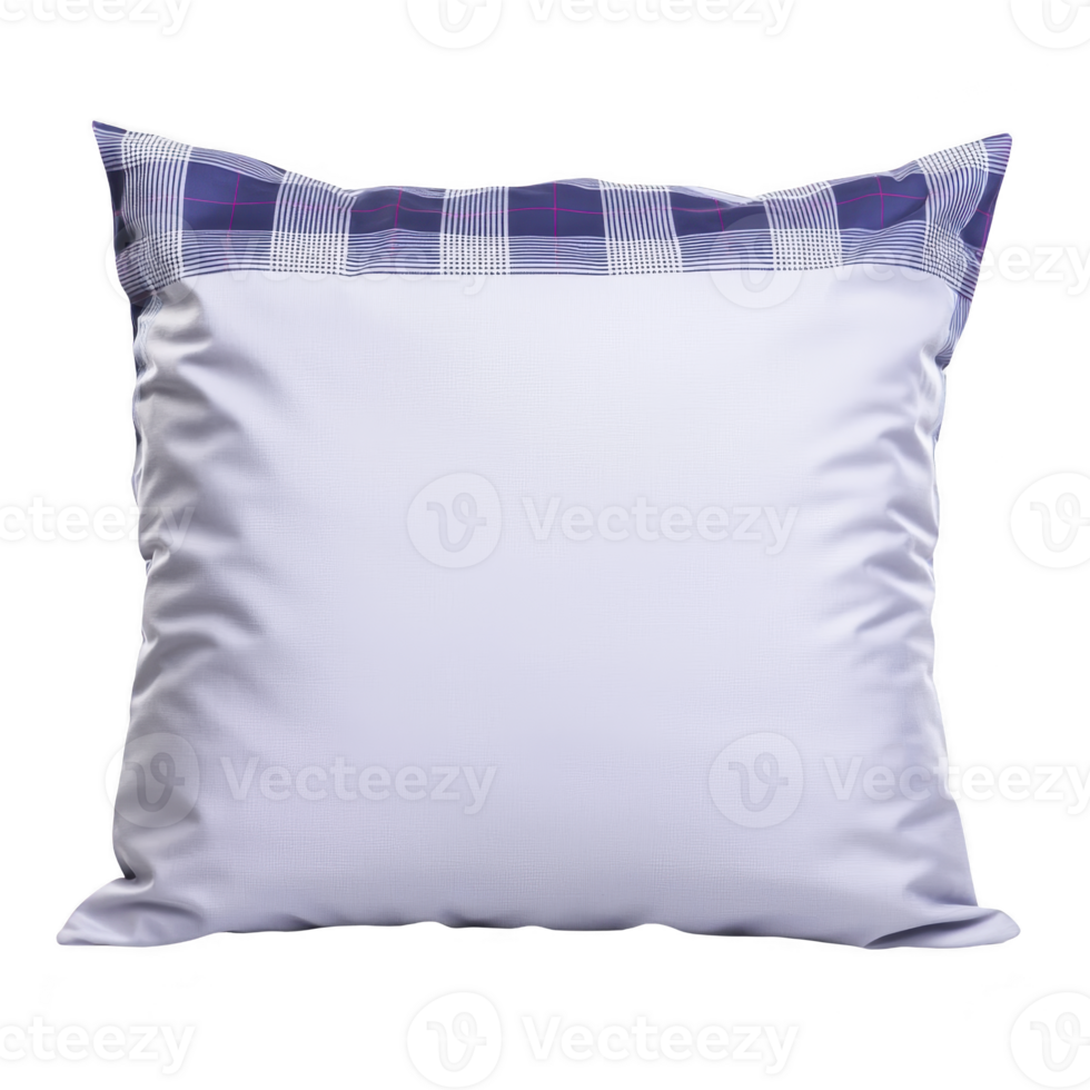 soft white pillow with plaid pattern on top edge, featuring shades of blue and purple, is displayed against plain background. pillow appears plush and comfortable, ideal for home decor or bedding png