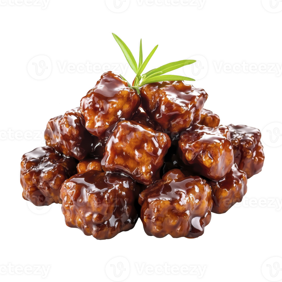 delicious stack of glazed, crispy chicken bites is garnished with sprig of fresh rosemary, showcasing mouthwatering, shiny texture png