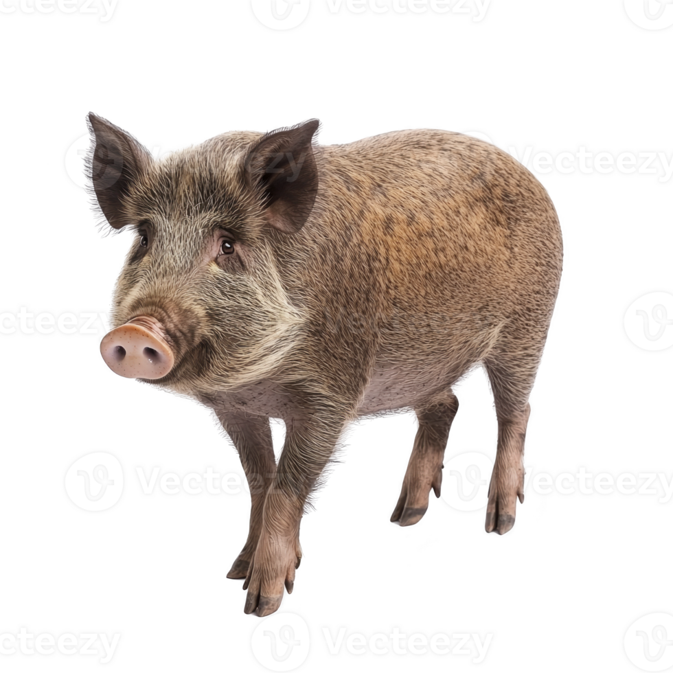 wild boar stands on transparency background, showcasing its bristly fur and distinctive snout. animal alert expression and sturdy build highlight its natural presence png