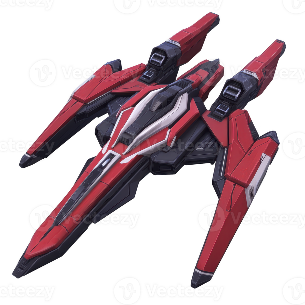 This features futuristic red and black spaceship with sleek, angular design and dual engines, evoking sense of speed and advanced technology. ship aerodynamic shape suggests it is built for high png
