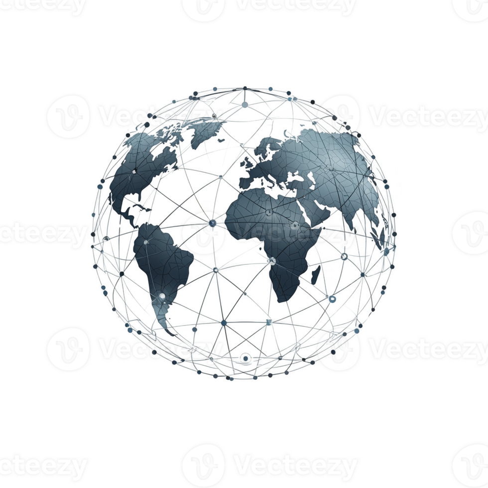 digital globe with interconnected lines and nodes represents global connectivity and communication. network structure highlights concept of worldwide data exchange png