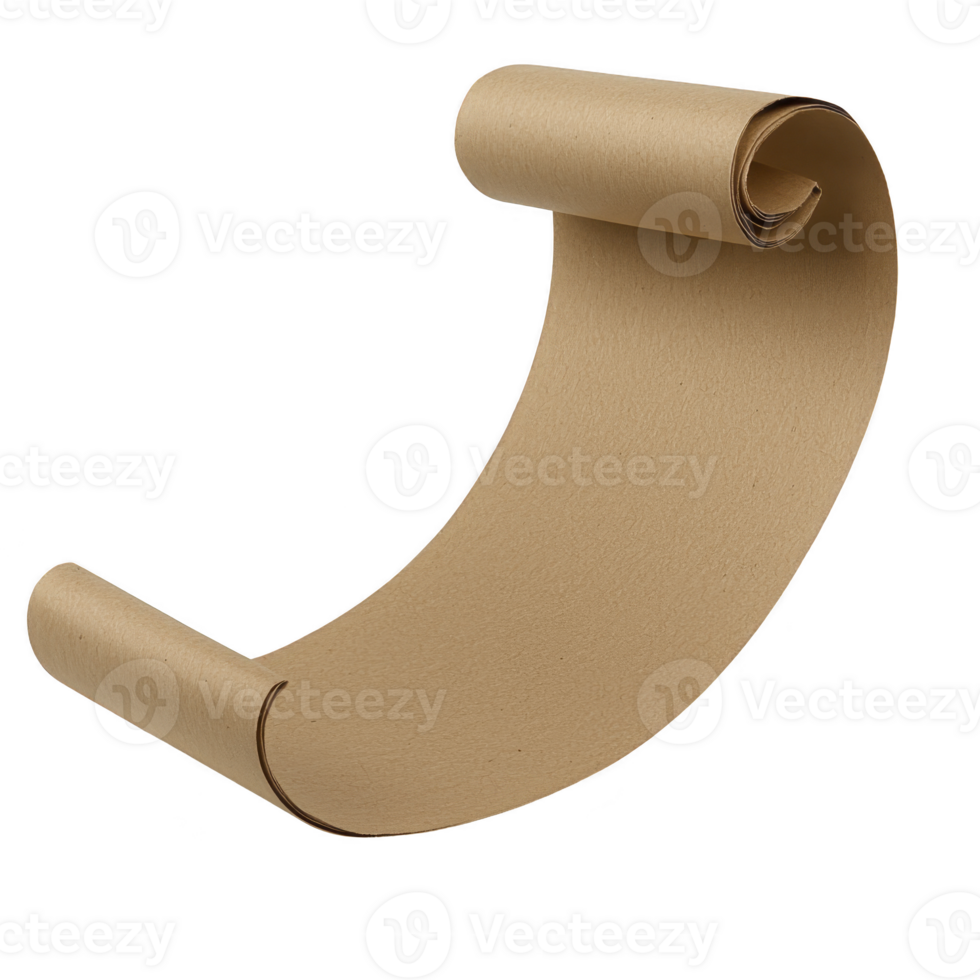 curled brown paper scroll with textured surface, elegantly rolled at both ends, isolated on transparency background. scroll simplicity and natural color evoke sense of vintage charm png