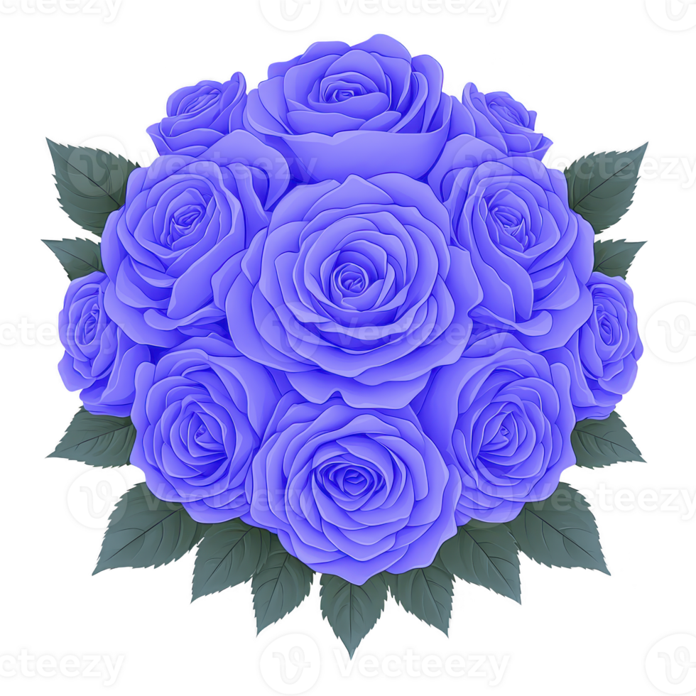 vibrant bouquet of blue roses with lush green leaves, beautifully arranged in circular pattern, exuding elegance and charm. Perfect for special occasions or as decorative piece png