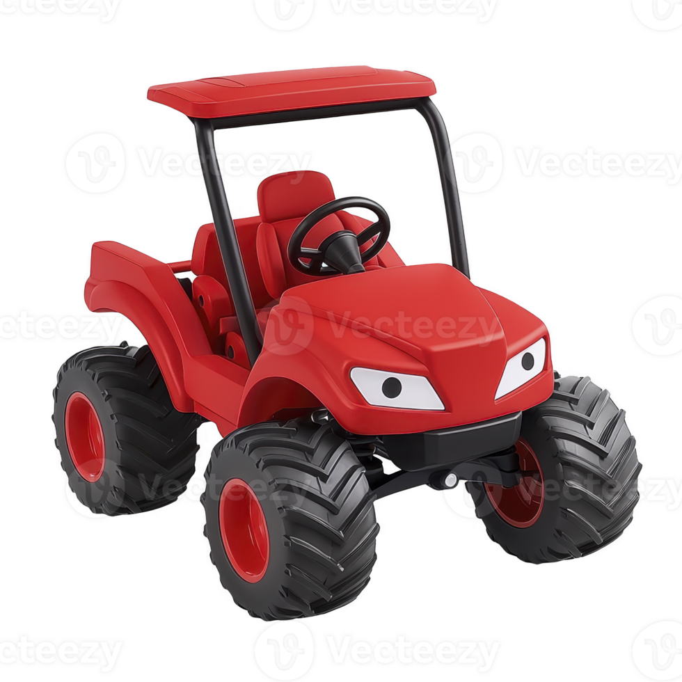 vibrant red toy tractor with large black tires and playful design, featuring steering wheel and open seating, perfect for imaginative play png