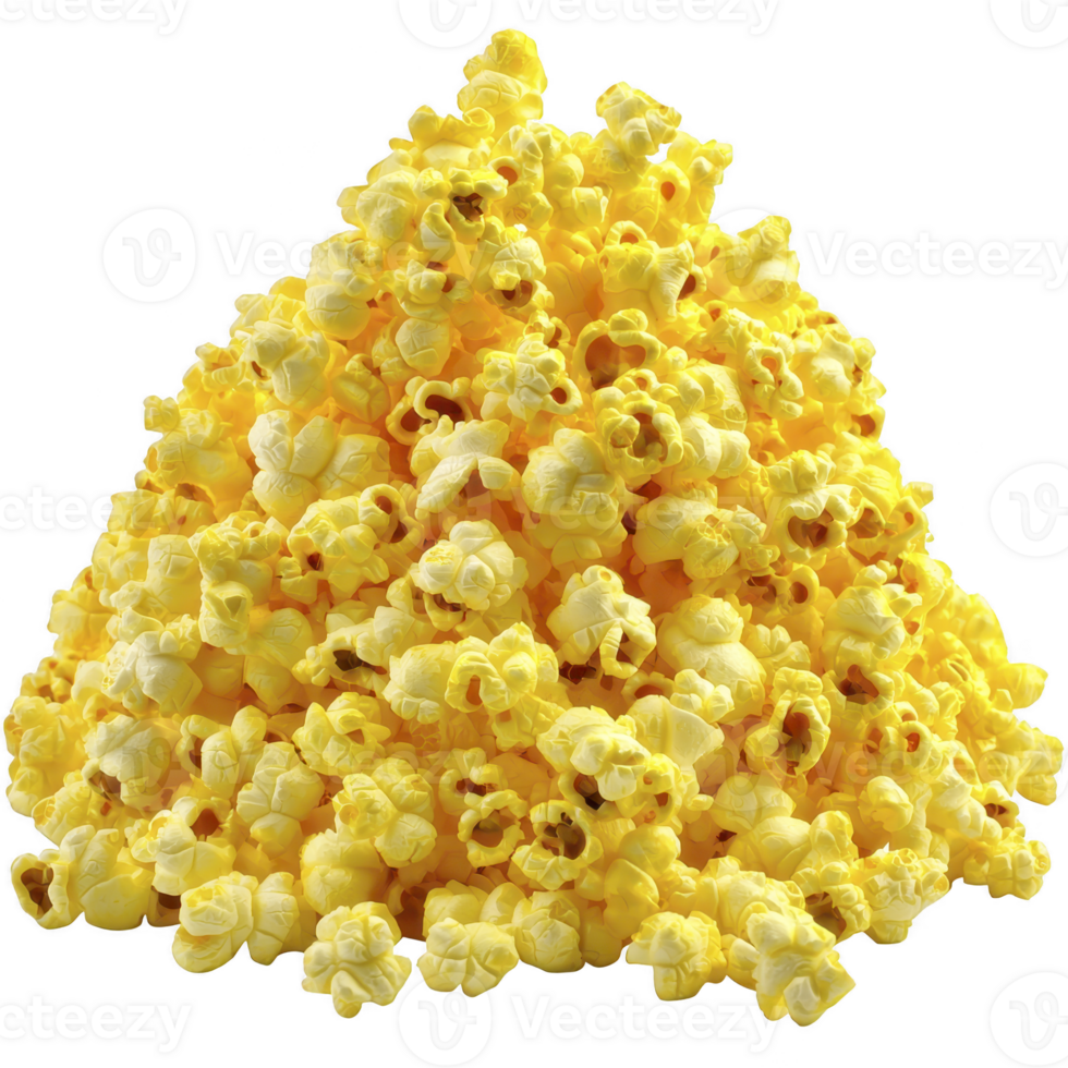 pile of bright yellow popcorn is stacked high, showcasing its fluffy texture and buttery appearance. popcorn looks freshly popped and appetizing, perfect for movie night snack png