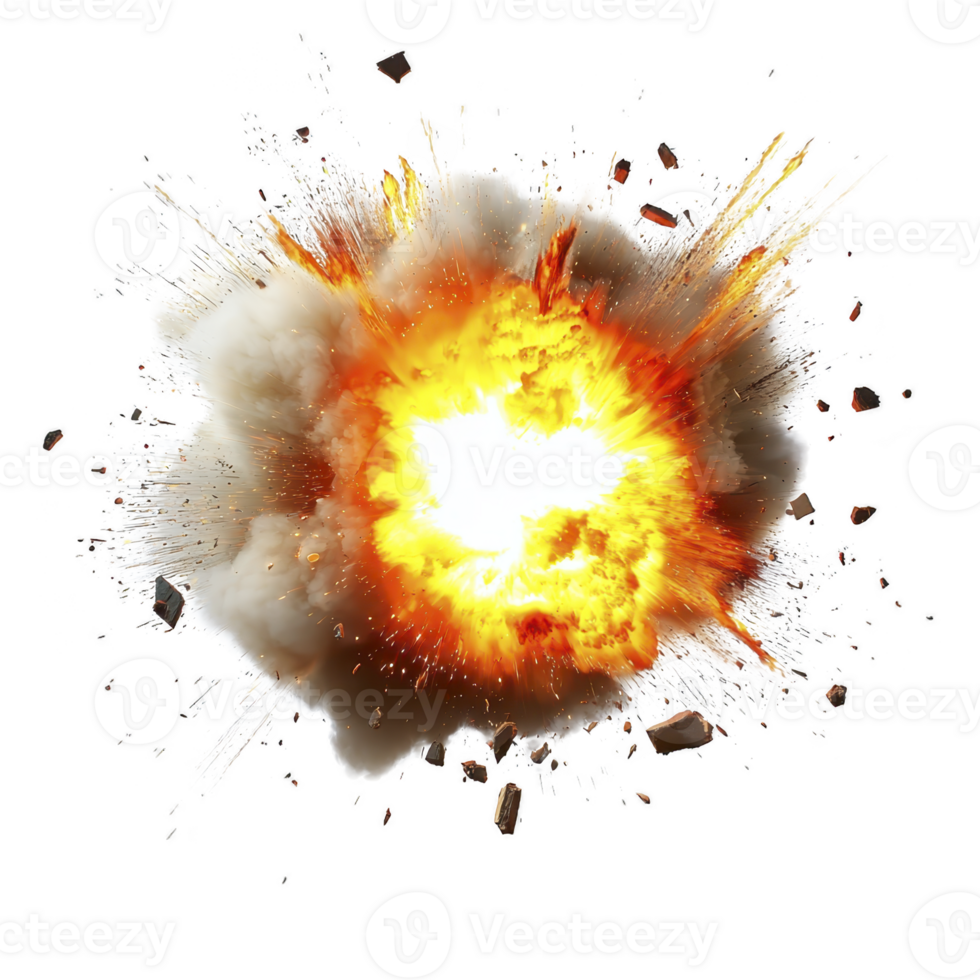 dynamic explosion with fiery orange and yellow flames bursts outward, surrounded by billowing smoke and debris. intense energy and motion create dramatic and powerful visual impact png