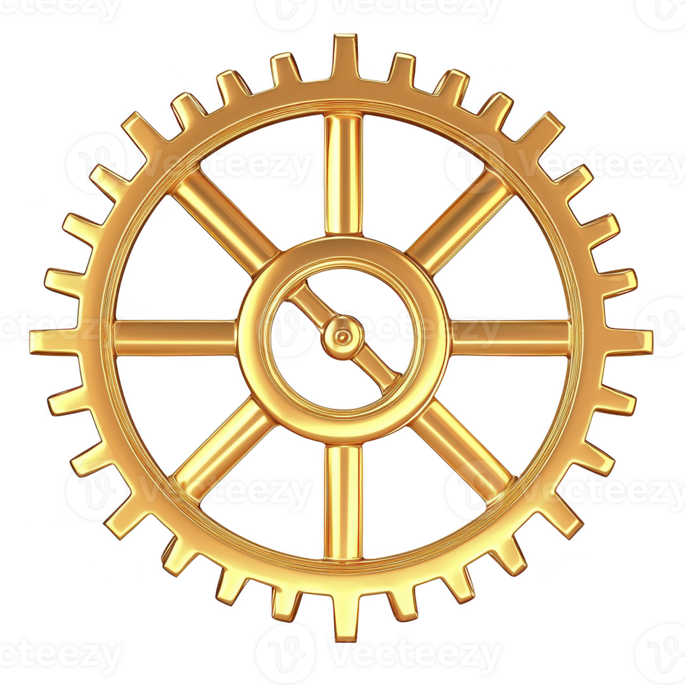 shiny golden gear with intricate spokes and teeth, symbolizing industry and innovation. metallic finish adds luxurious touch, making it ideal for themes of engineering and mechanics png