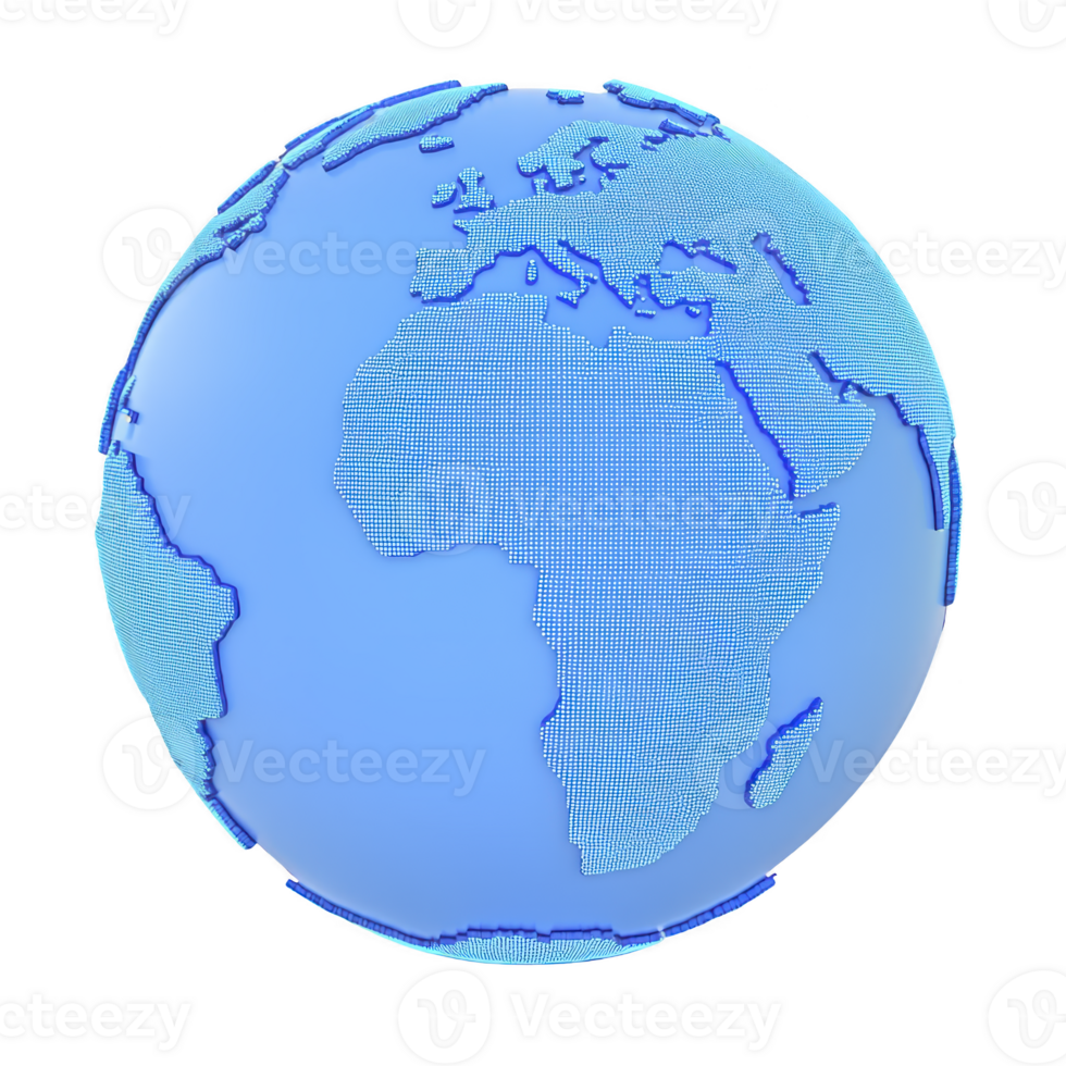 digital representation of Earth showcases blue globe with pixelated texture, highlighting continents like Africa and Europe. modern design emphasizes technology and global connectivity png