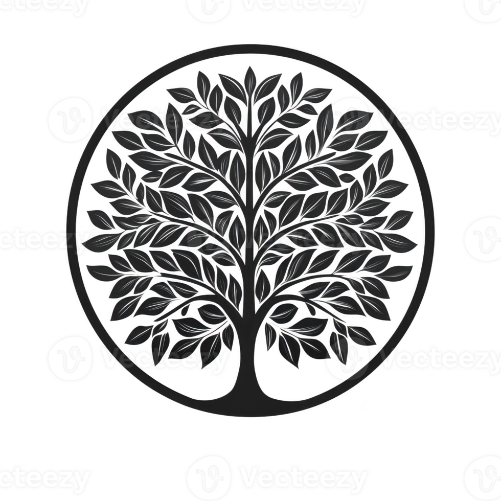 detailed black tree silhouette with abundant leaves is enclosed within circular frame, creating harmonious and balanced design. intricate leaf pattern adds elegance to overall image png
