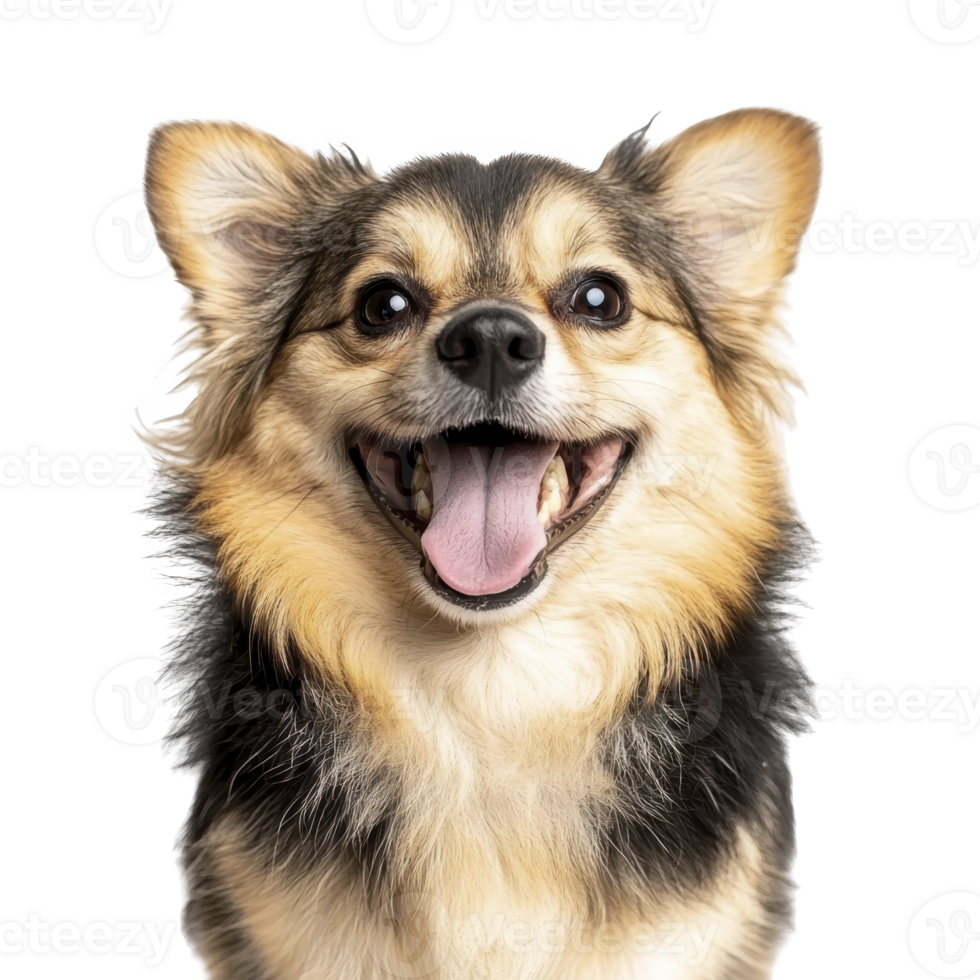 happy, fluffy dog with joyful expression and perked ears, showcasing its playful nature. dog fur is mix of black, brown, and cream colors, adding to its charming appearance png