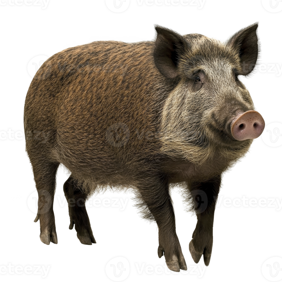 wild boar stands on transparency background, showcasing its bristly fur and distinctive snout. png