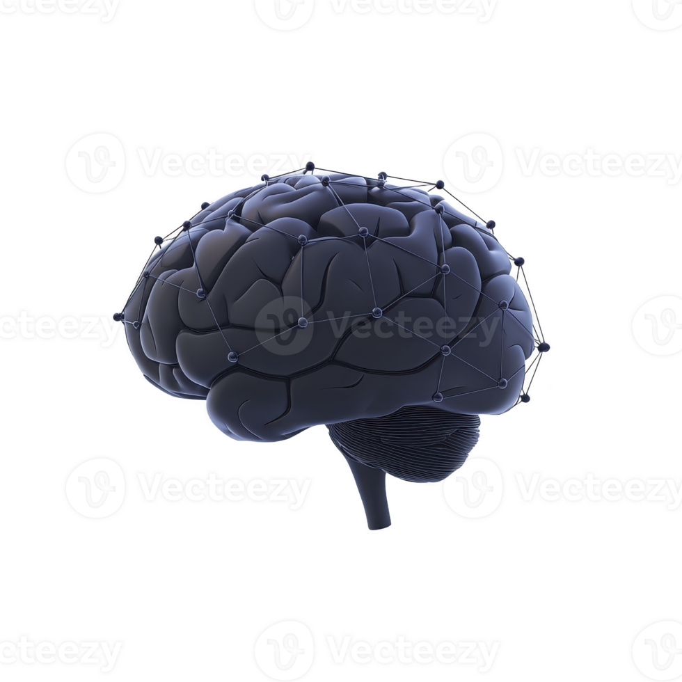 digital rendering of human brain with interconnected nodes and lines, symbolizing neural networks and artificial intelligence. image is set against transparent background png