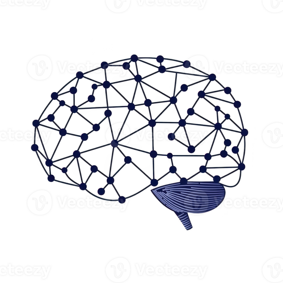 digital illustration of brain with interconnected nodes and lines represents neural network concept. design is abstract, with blue and black colors, symbolizing technology and connectivity png
