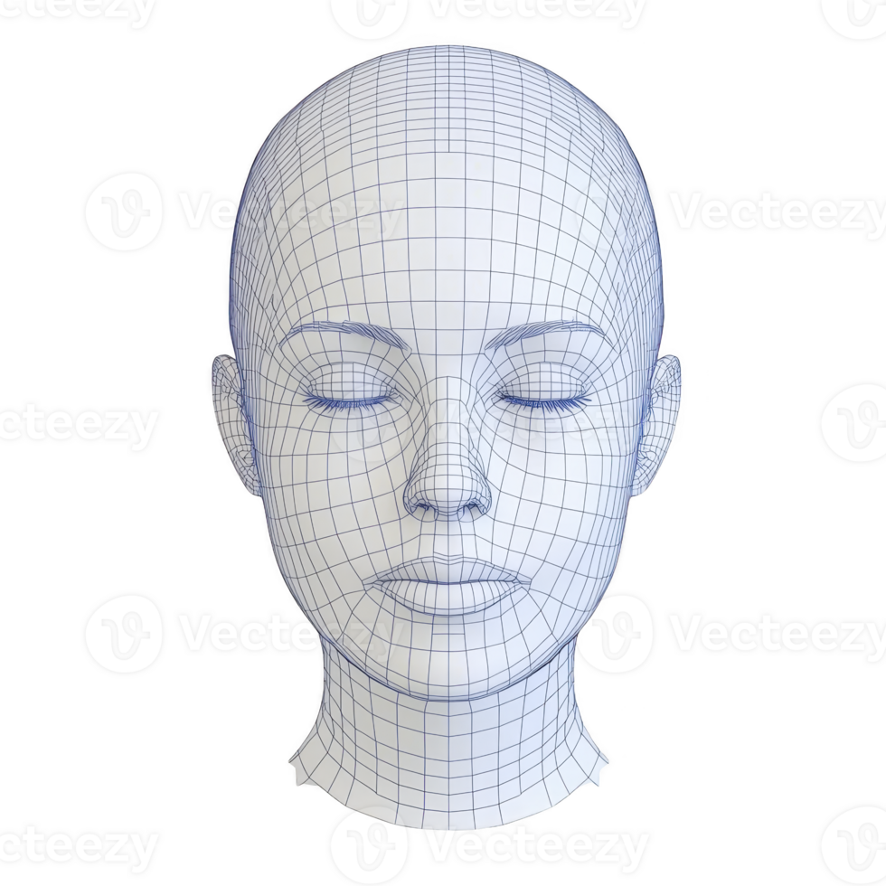 3D wireframe model of human head with closed eyes, showcasing detailed grid lines and neutral expression. model is symmetrical and appears to be used for digital design or animation purposes png