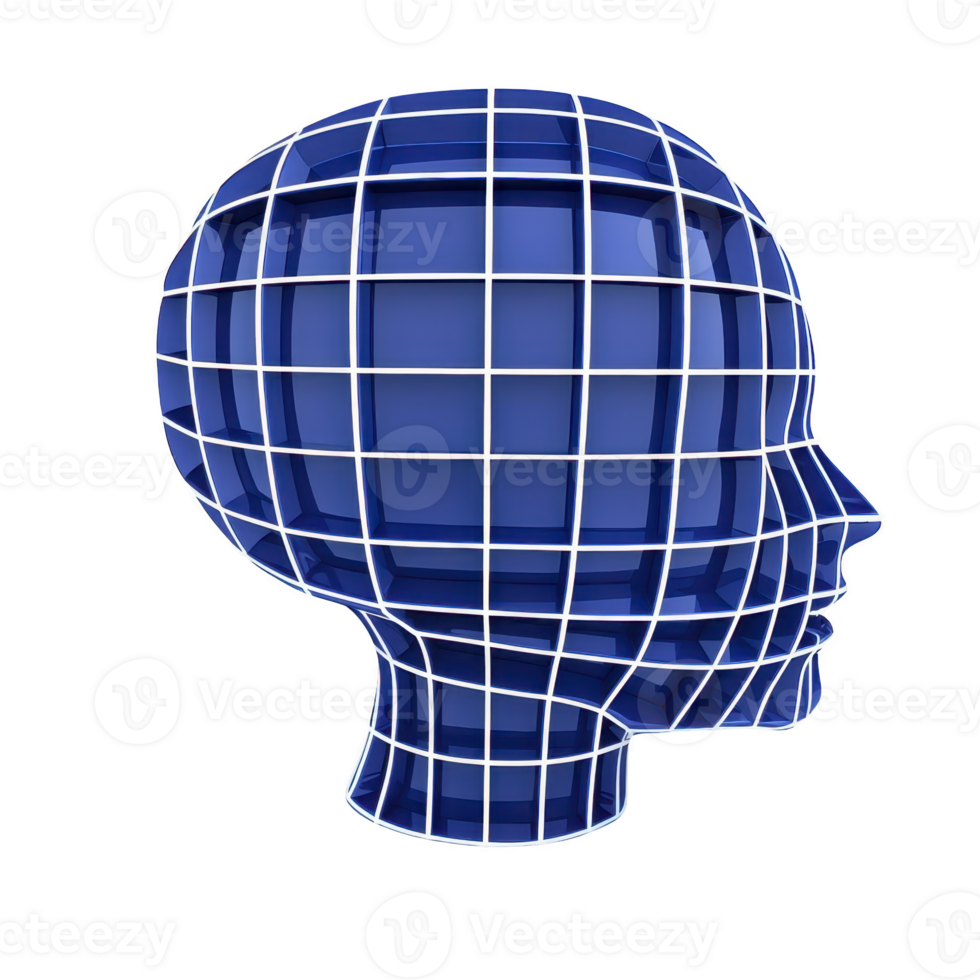 3D blue wireframe head model with grid pattern represents digital technology and innovation. abstract design suggests futuristic concepts and virtual reality png