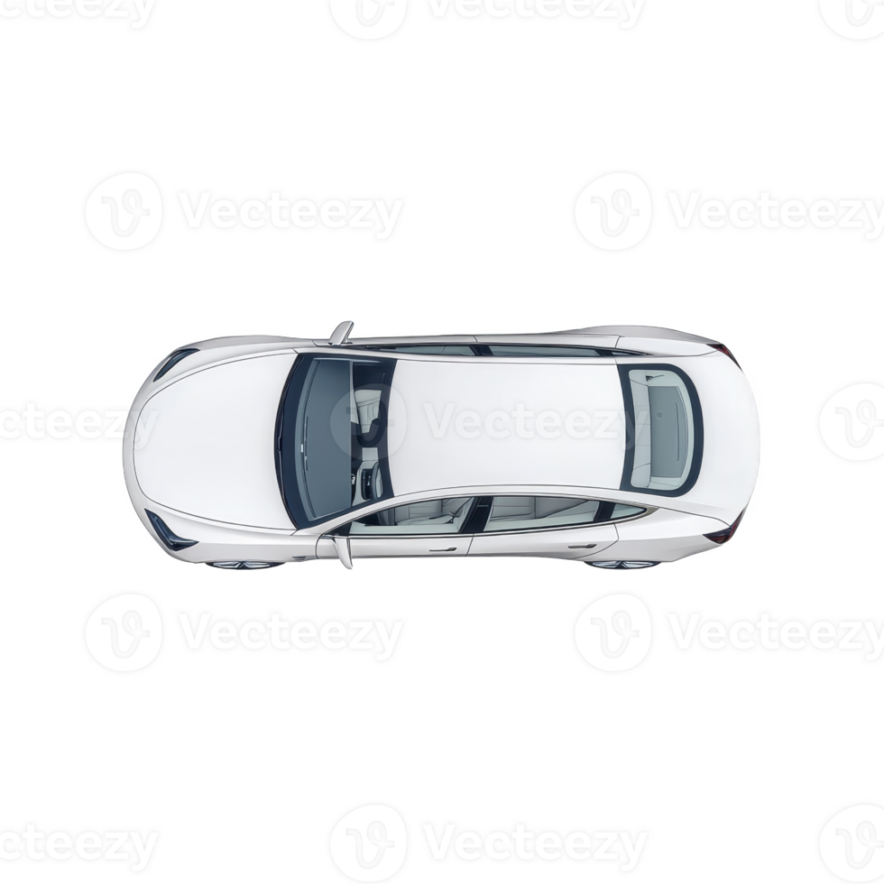 Aerial view of sleek white sedan car with sunroof, showcasing its modern design and clean lines. car is parked on plain background, emphasizing its elegant appearance png