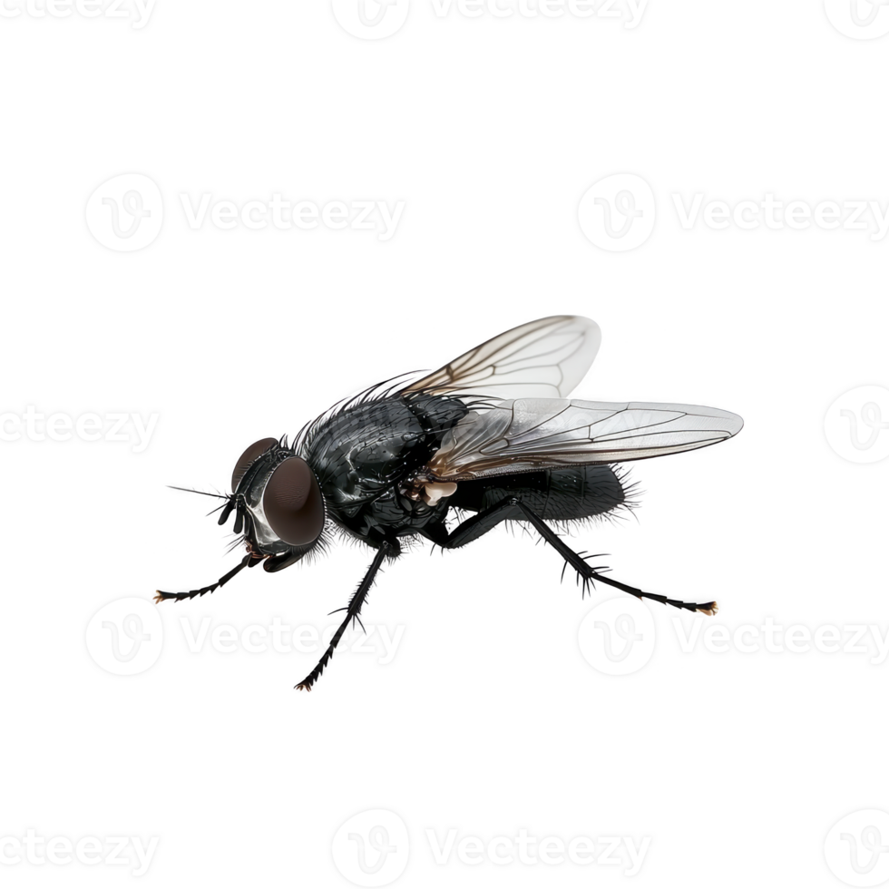 close up image of housefly with detailed wings and body, isolated on transparency background. fly intricate features are clearly visible, showcasing its natural texture and structure png