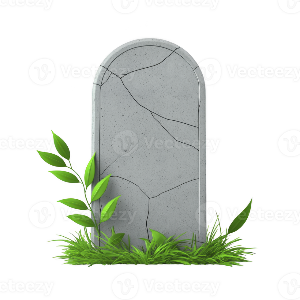 cracked gray tombstone stands upright, surrounded by green grass and leaves, symbolizing remembrance and nature resilience. simple design evokes sense of peace and reflection png