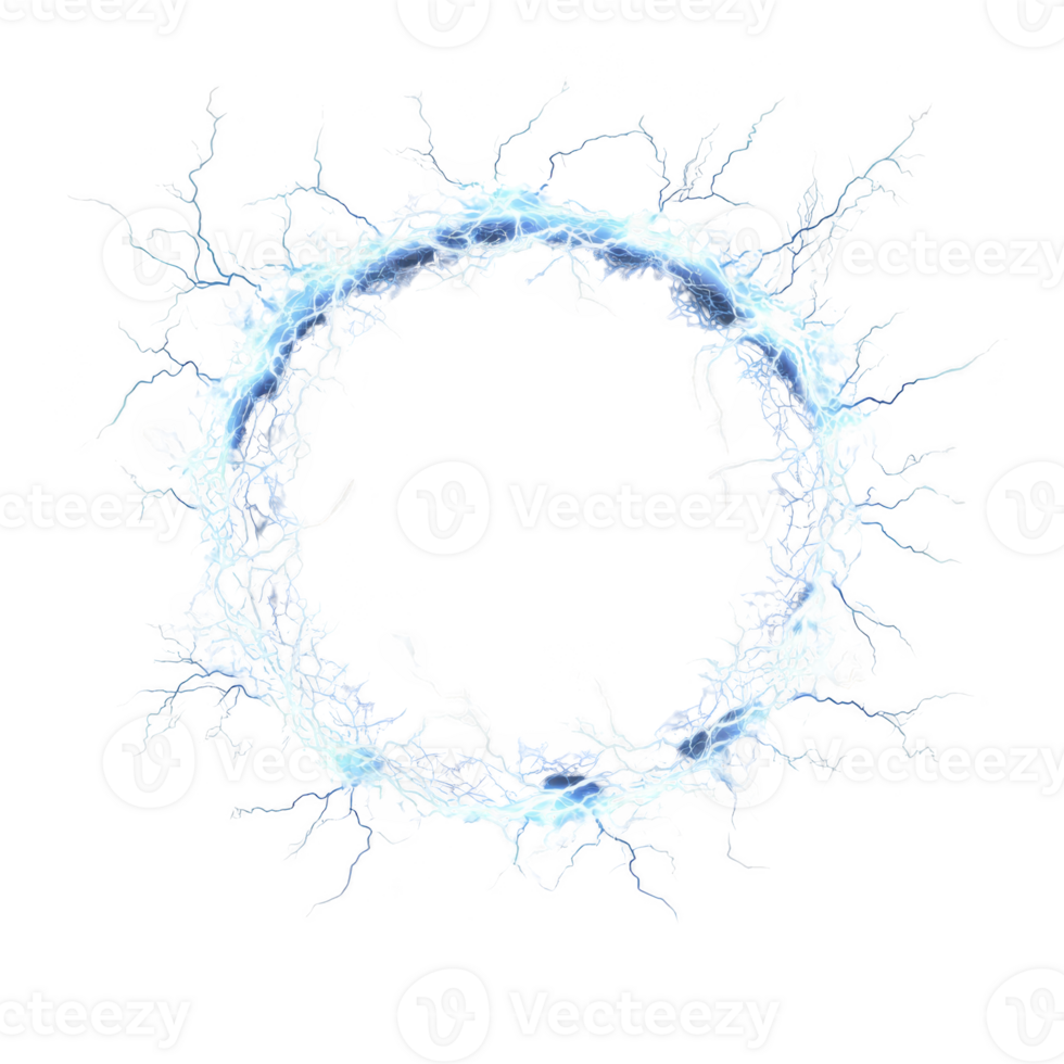 glowing electric ring with blue lightning arcs creates dynamic and energetic visual against transparency background. circular shape is filled with vibrant electric energy png